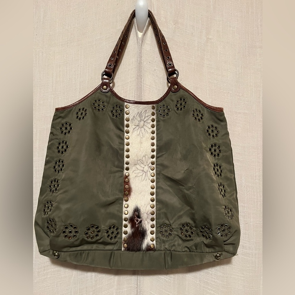 Lauren Tango New York Green Studded Tote with Leather Trim & Hair-On Hide Accent